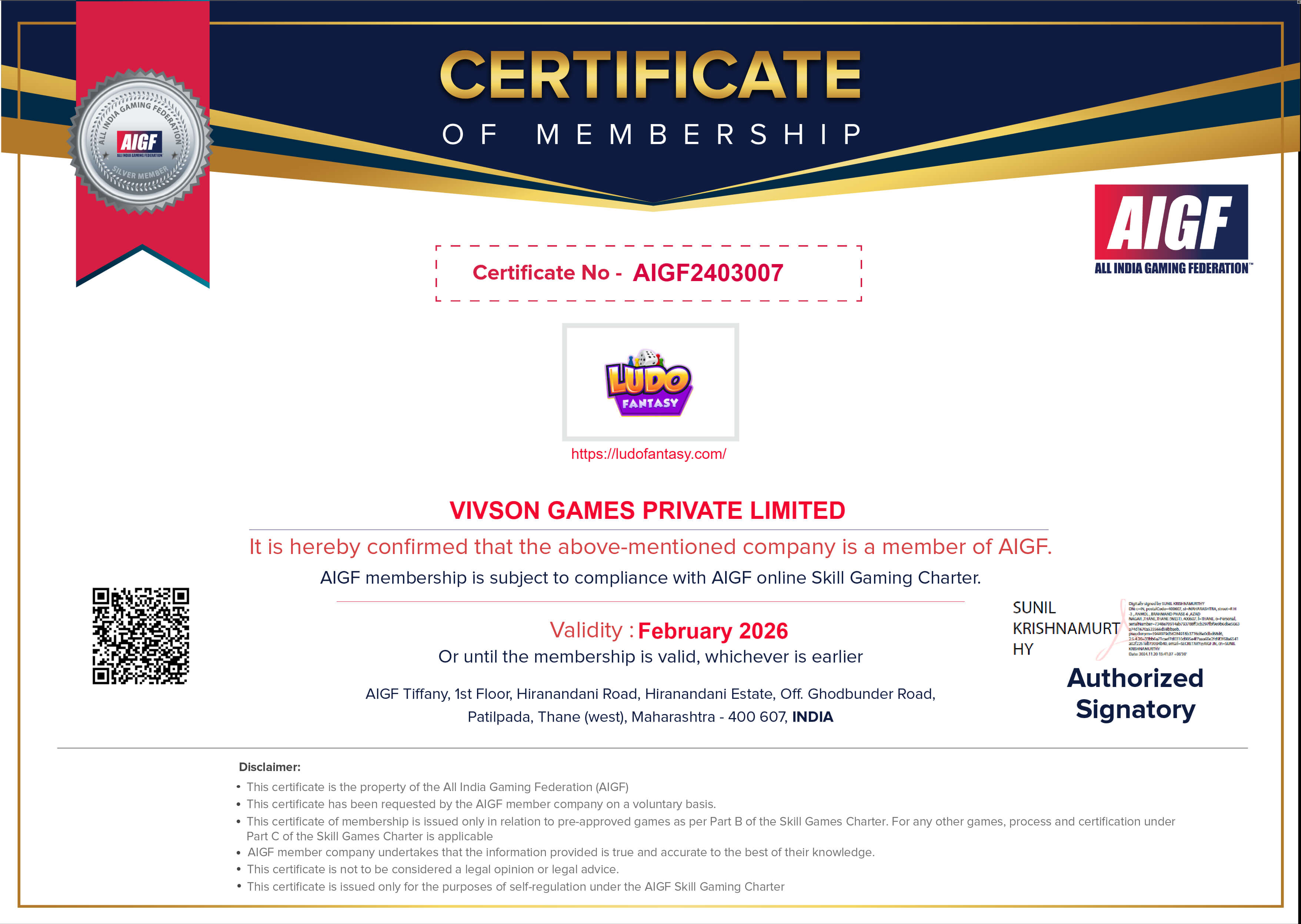 Ludo Fantasy AIGF Certificate